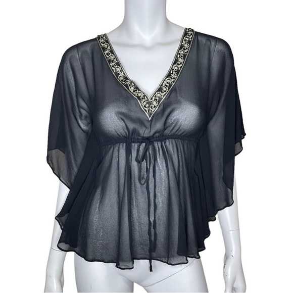 Vintage 2005 Banana Republic 100% Silk Black Embroidered Blouse Batwing Empire - Picture 1 of 7